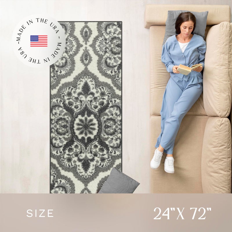Maples Rugs Vivian Medallion Runner Rug - Made in USA - Washable, Non Slip, Indoor Carpet for Hallway, Kitchen, and Laundry Room, 2' x 6', Grey - Image 3